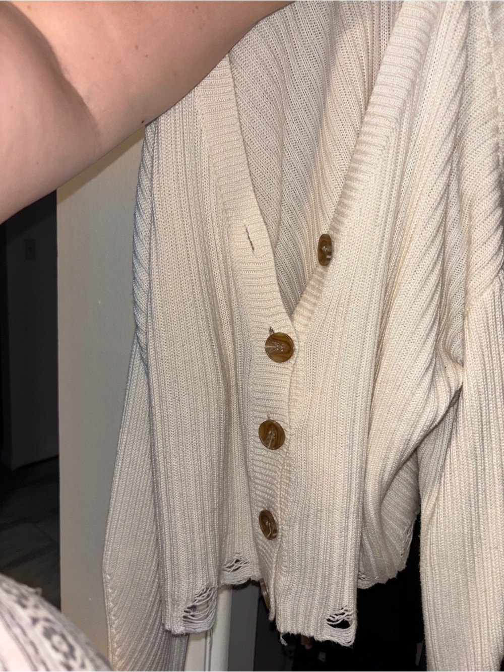 Ivory Ribbed V‑Neck Button Cardigan Sweater